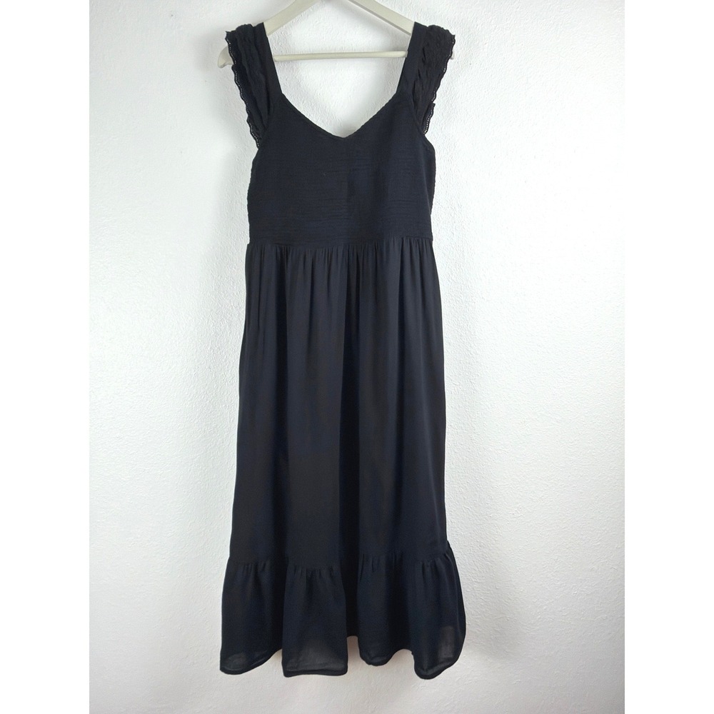 Old Navy Womens Smocked Eyelet Lace Midi Dress Black Sleeveless Pockets Size M